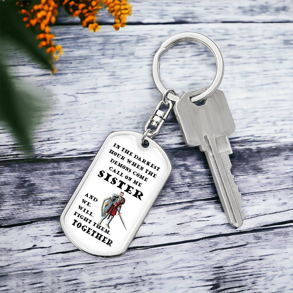 DnD Sister - Fighter - Dog Tag Keychain - Gift for Friend Birthday or Holiday