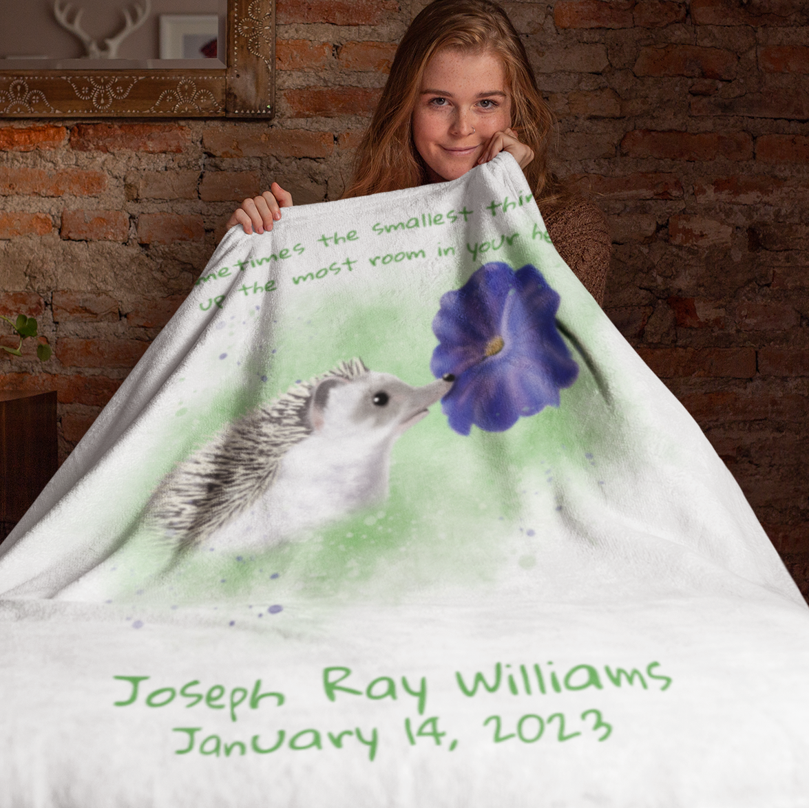 Personalized NEW BABY Blanket - Hedgehog and Petunia