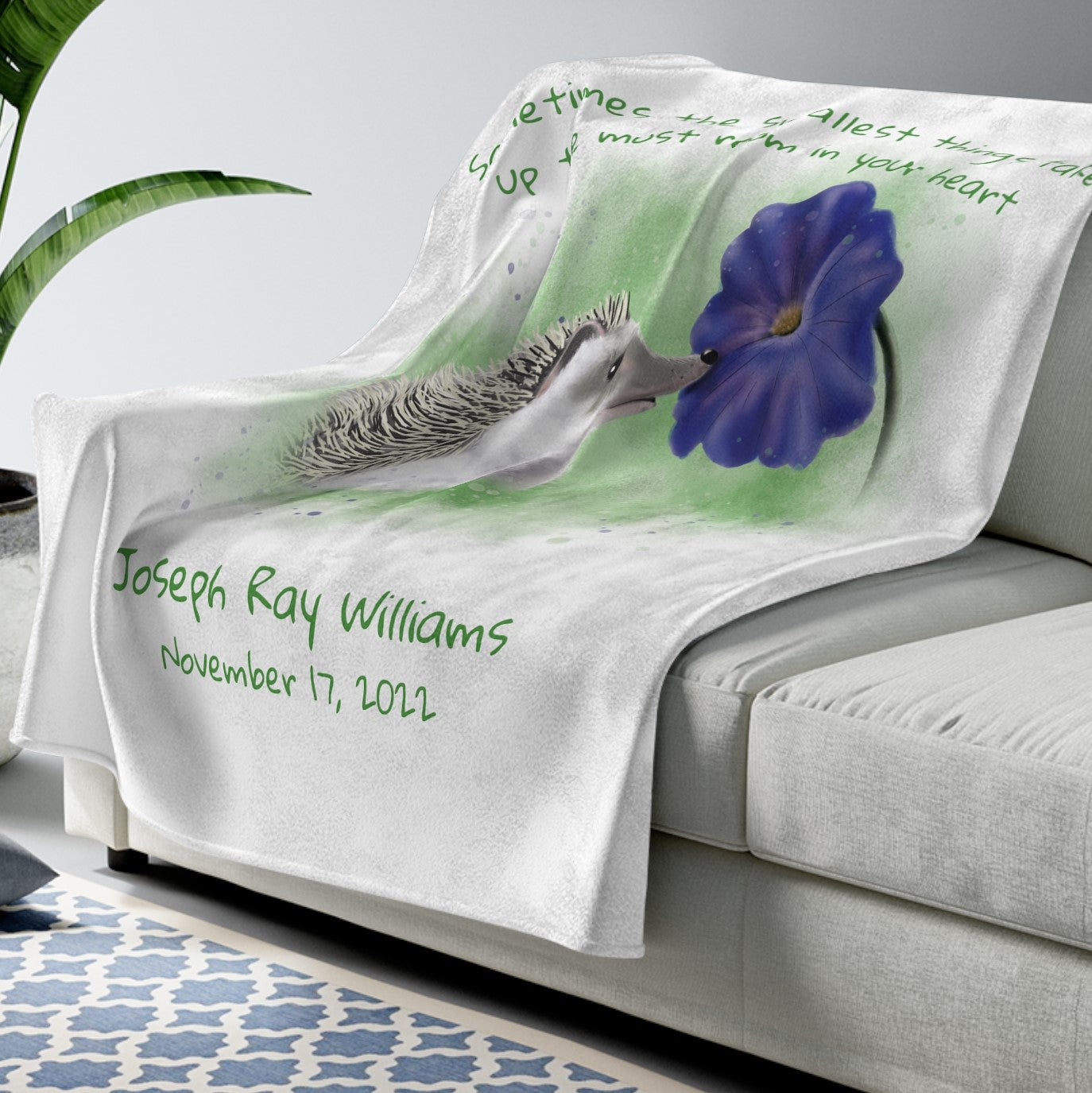 Personalized NEW BABY Blanket - Hedgehog and Petunia