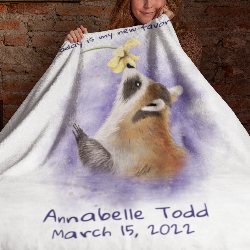 Personalized NEW BABY Blanket - Raccoon and Wildflower