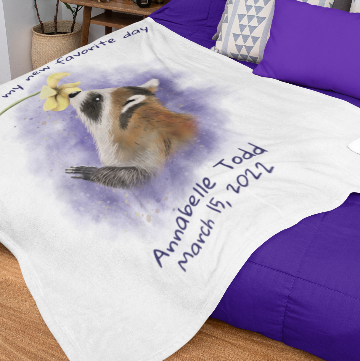 Personalized NEW BABY Blanket - Raccoon and Wildflower