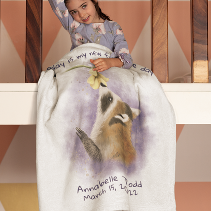 Personalized NEW BABY Blanket - Raccoon and Wildflower