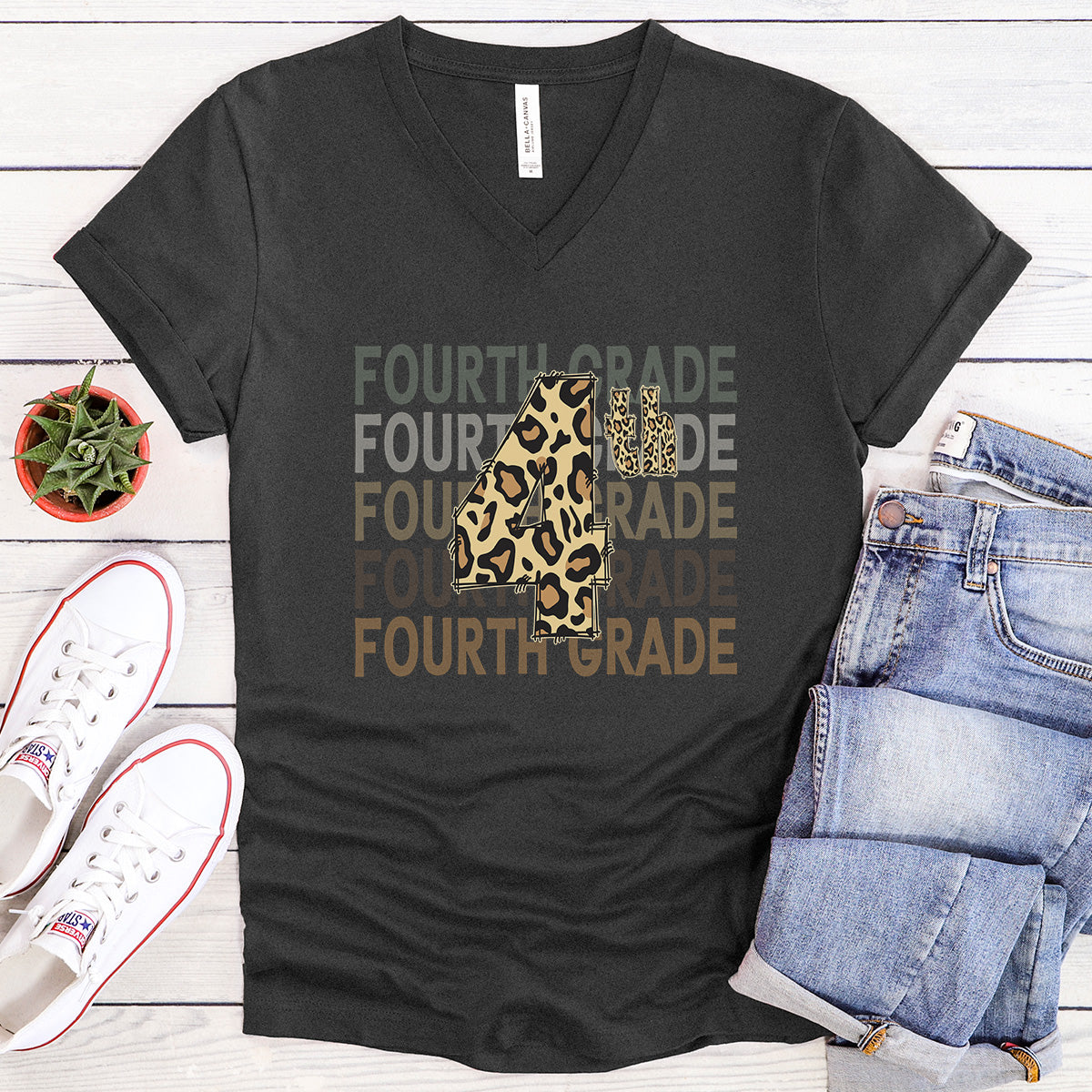 Leopard Print 4th on Fourth Grade - V-Neck Tee