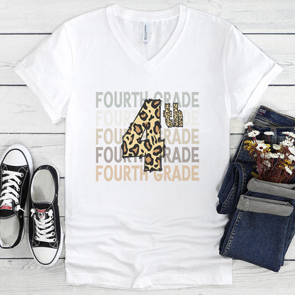 Leopard Print 4th on Fourth Grade - V-Neck Tee