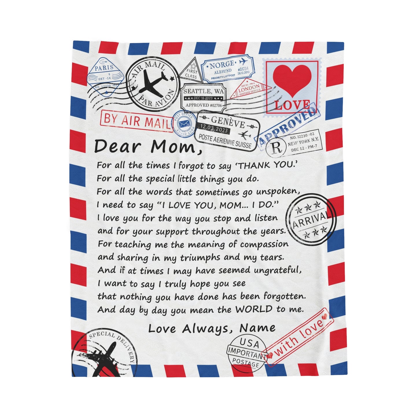 Dear Mom - You Mean the World to Me - Velveteen Plush or Sherpa Blanket - PERSONALIZE