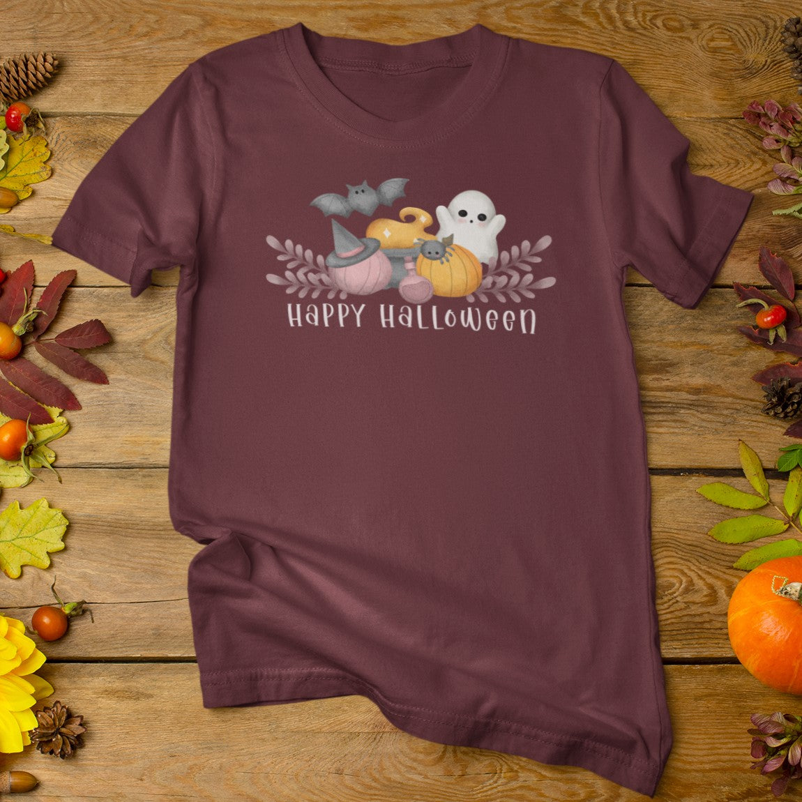 Cute Pink Pumpkin, Cauldron, and Ghost - Unisex Crew Neck T-shirt