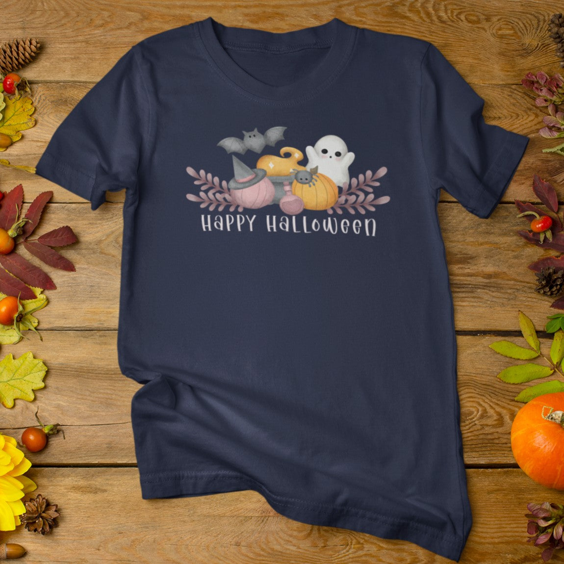 Cute Pink Pumpkin, Cauldron, and Ghost - Unisex Crew Neck T-shirt