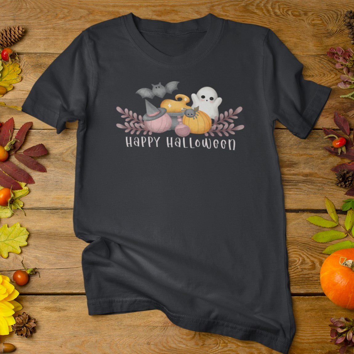 Cute Pink Pumpkin, Cauldron, and Ghost - Unisex Crew Neck T-shirt