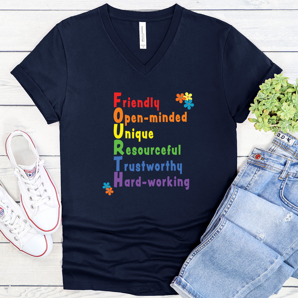 Rainbow FOURTH Grade Positive Teacher V-neck T-shirt