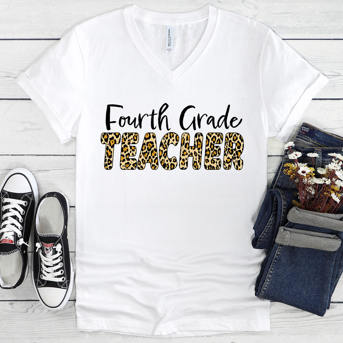 Fourth Grade TEACHER in Leopard print - V-Neck Tee