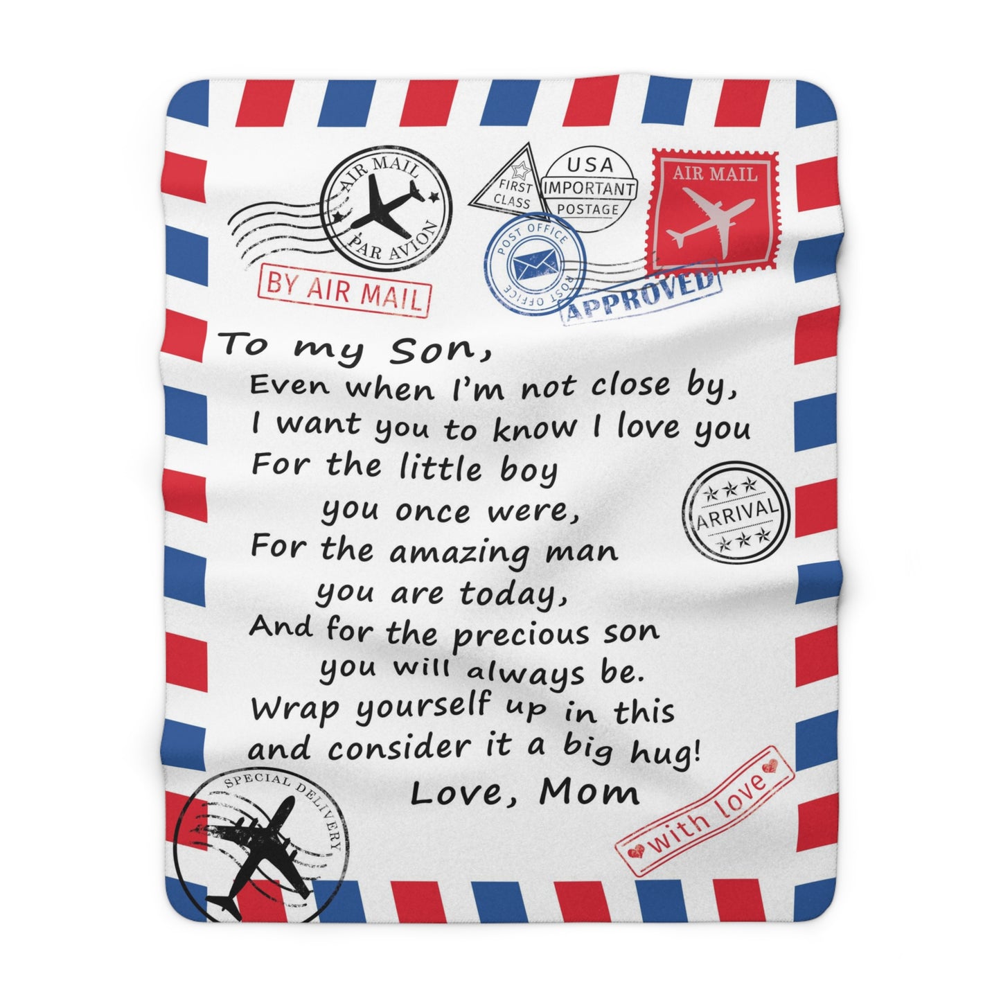 To My Son - Air Mail Letter - PERSONALIZE - Velveteen Plush or Sherpa Blanket