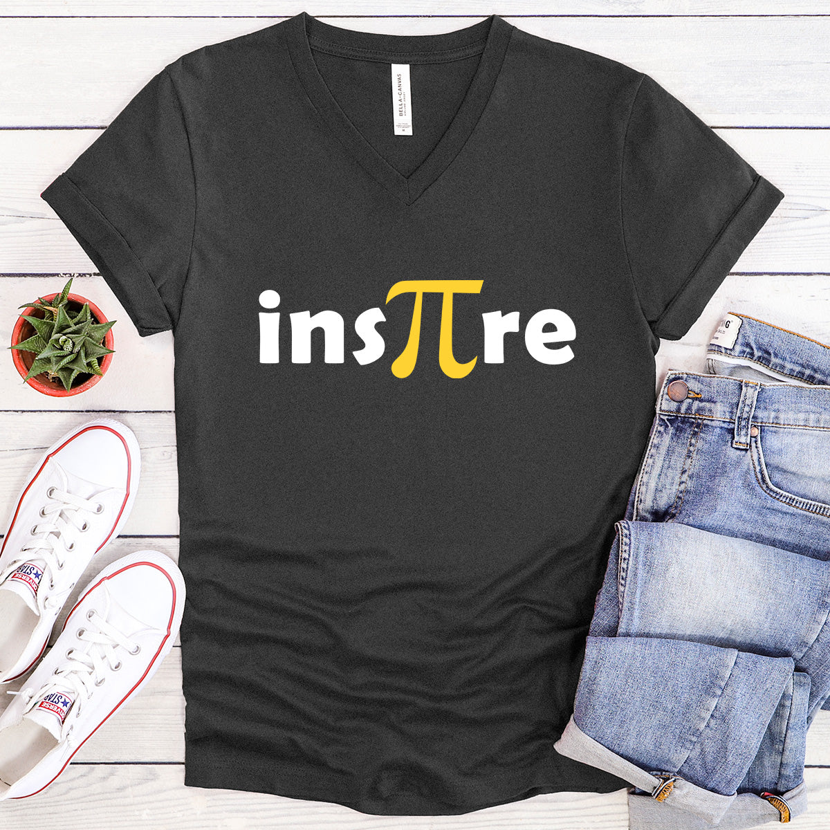 Inspire with the Pi Symbol in Yellow - Math Teacher V-Neck Tee