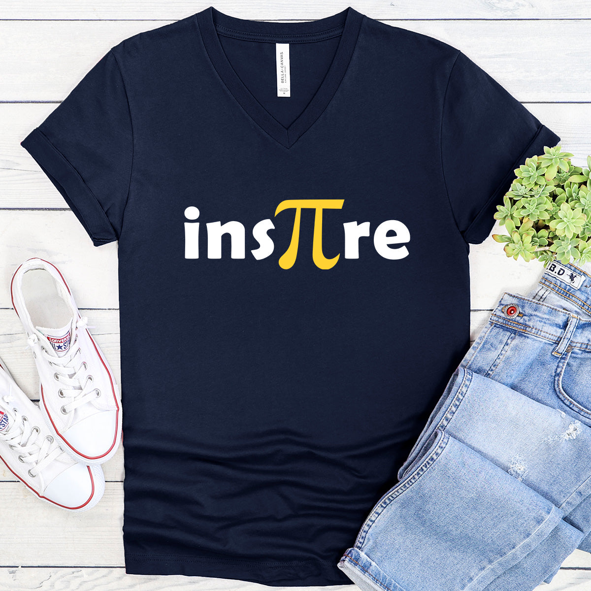 Inspire with the Pi Symbol in Yellow - Math Teacher V-Neck Tee