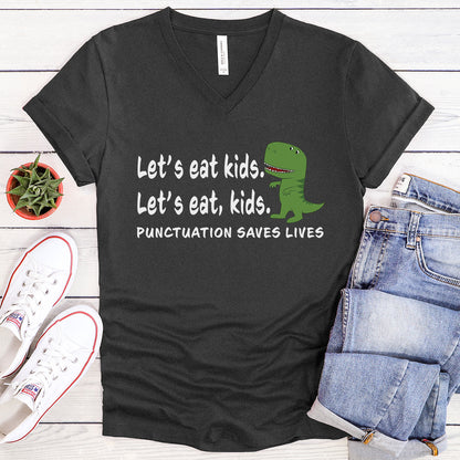 "Let's Eat Kids" Funny Grammar V-Neck Tee