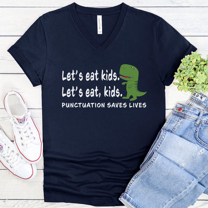 "Let's Eat Kids" Funny Grammar V-Neck Tee