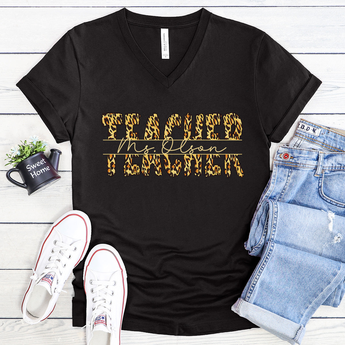 PERSONALIZED Leopard Print Teacher - V-Neck Tee