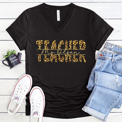 PERSONALIZED Leopard Print Teacher - V-Neck Tee