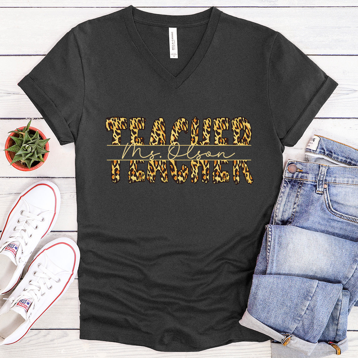 PERSONALIZED Leopard Print Teacher - V-Neck Tee