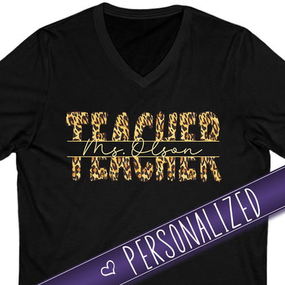 PERSONALIZED Leopard Print Teacher - V-Neck Tee