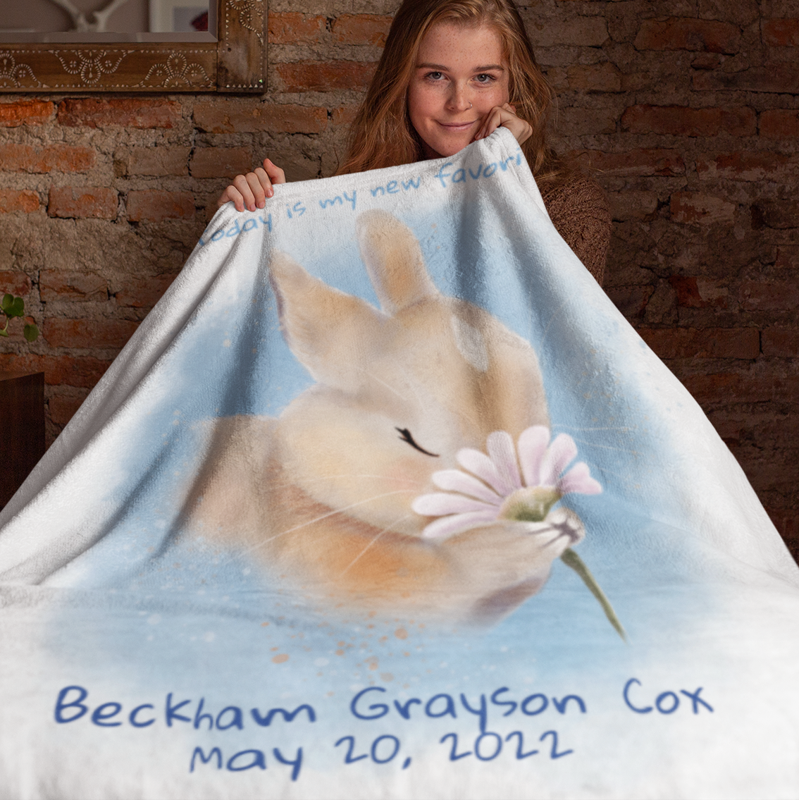 Personalized NEW BABY Blanket - Bunny Sniffing Daisy