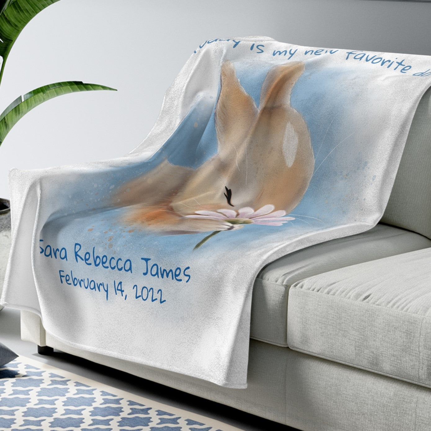 Personalized NEW BABY Blanket - Bunny Sniffing Daisy