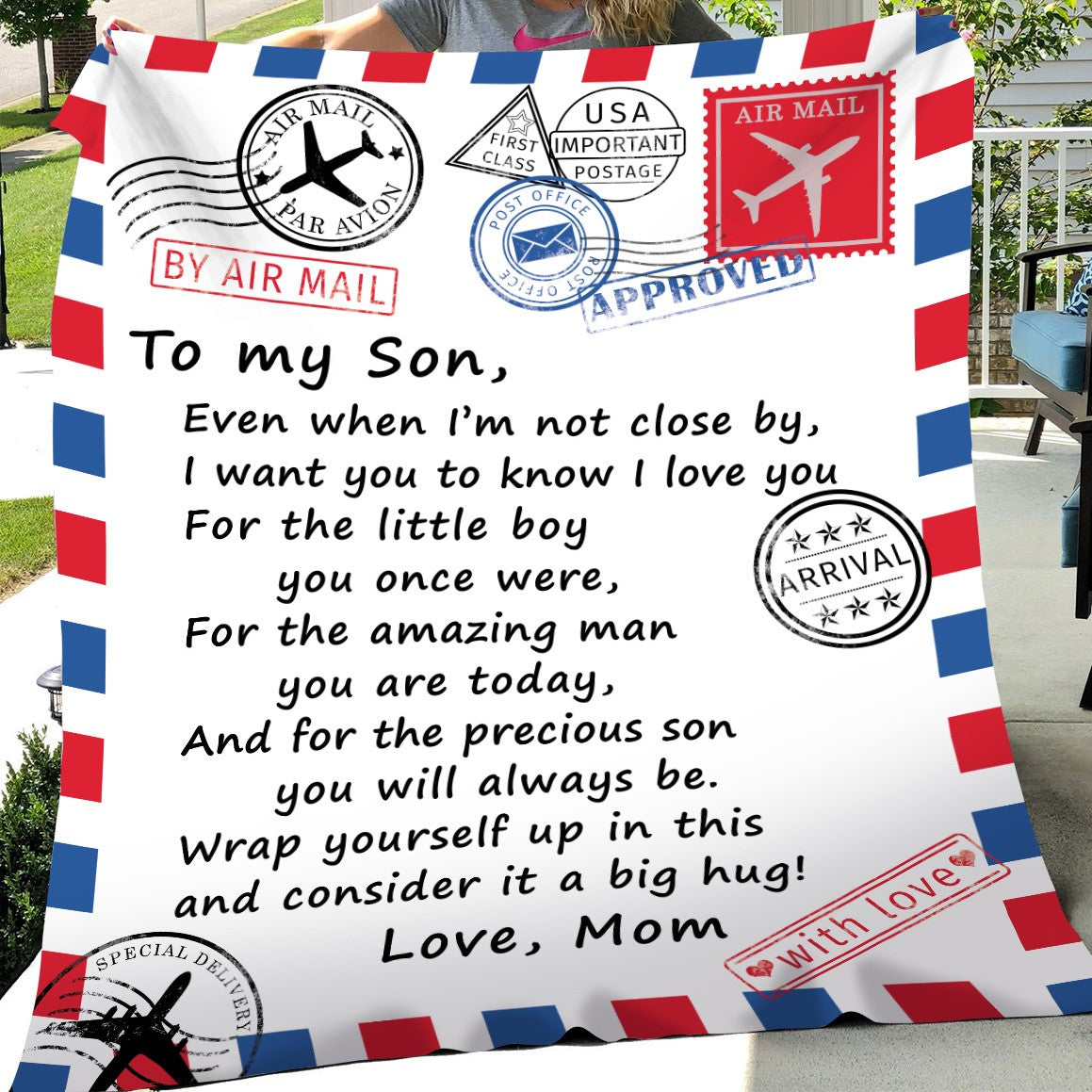 To My Son - Air Mail Letter - PERSONALIZE - Velveteen Plush or Sherpa Blanket