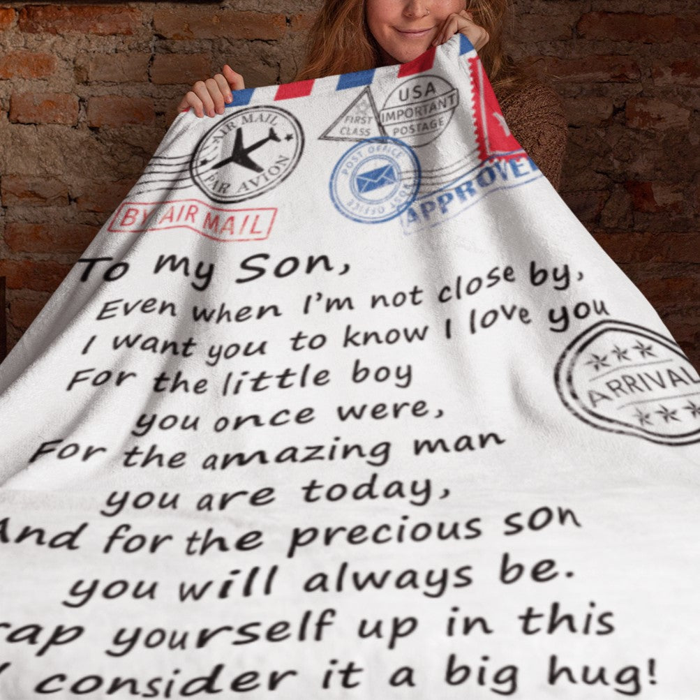 To My Son - Air Mail Letter - PERSONALIZE - Velveteen Plush or Sherpa Blanket