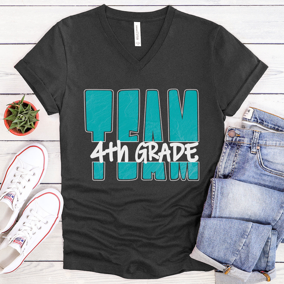 TEAM 4th Grade - Bold Turquoise - V-neck T-shirt