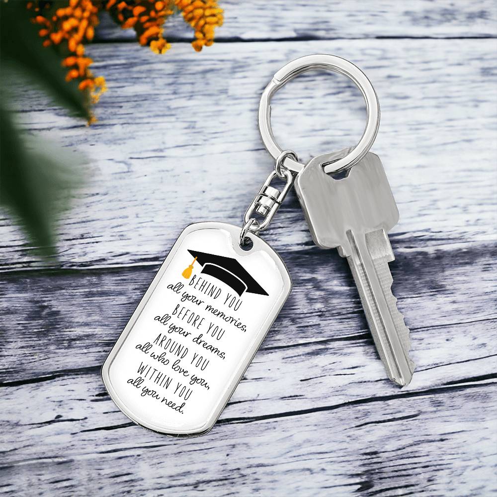 Dog Tag Keychain - Graduation Cap - Dreams Slim - Gift for Graduation, Birthday or Holiday