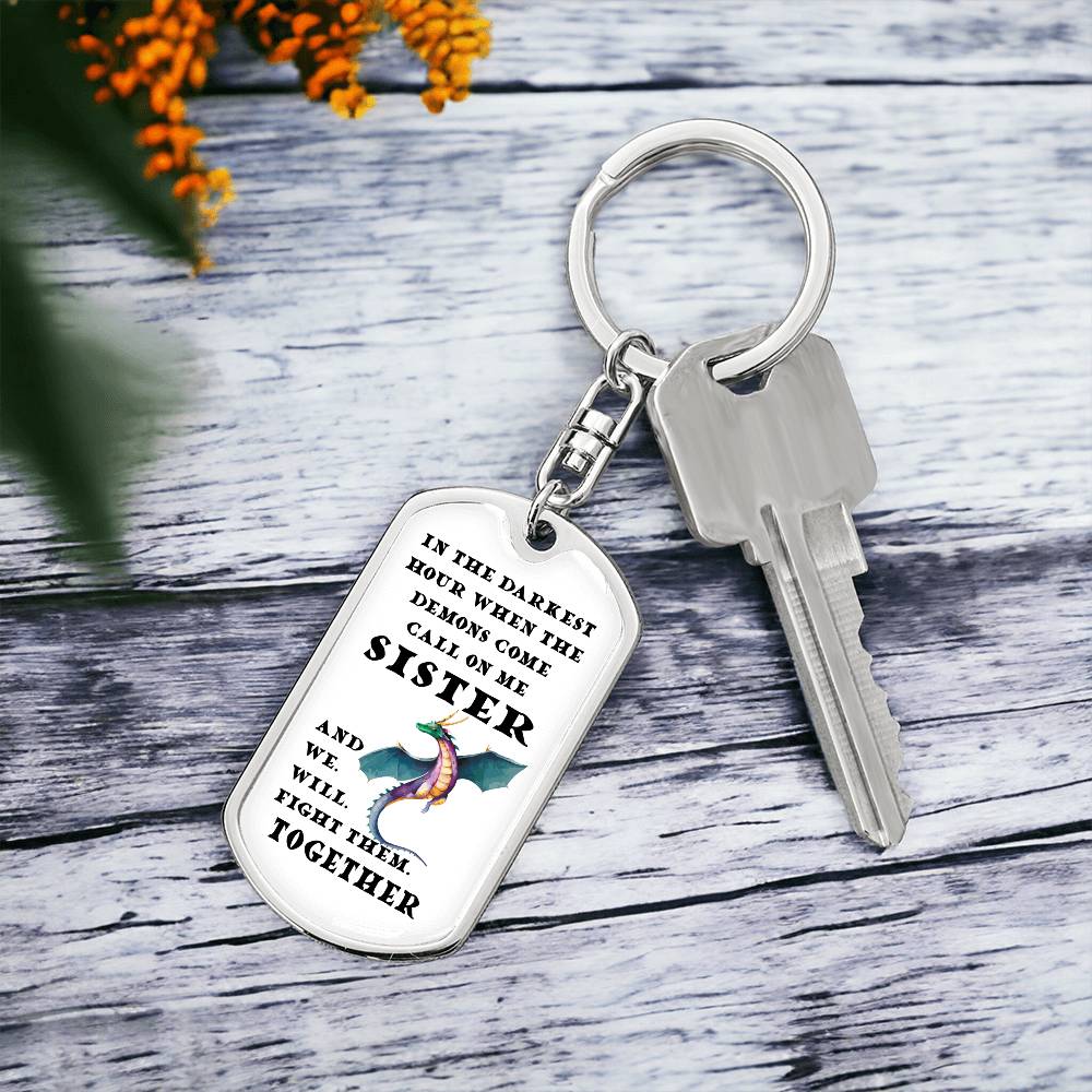 DnD Sister - Dragon - Dog Tag Keychain - Gift for Friend Birthday or Holiday