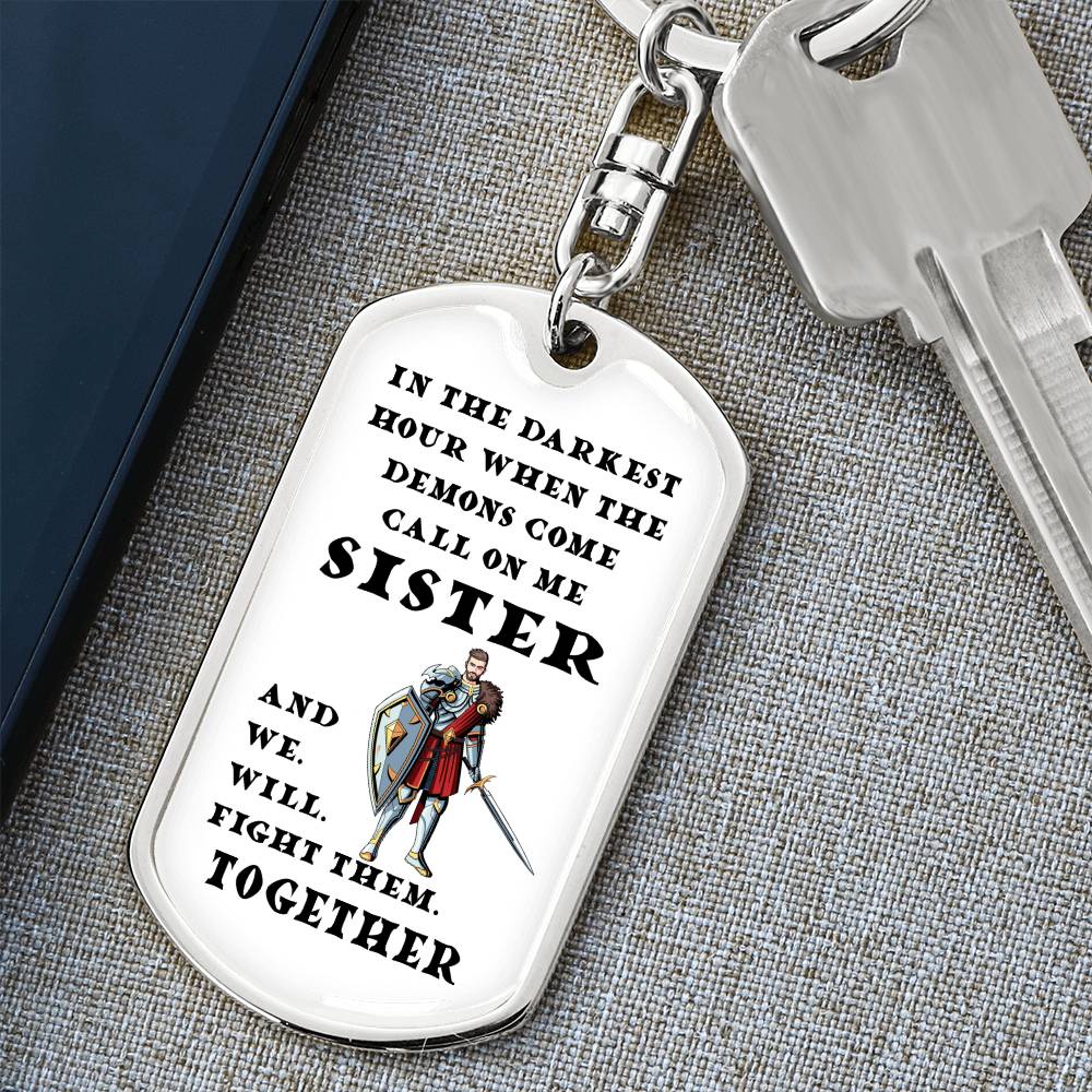 DnD Sister - Fighter - Dog Tag Keychain - Gift for Friend Birthday or Holiday