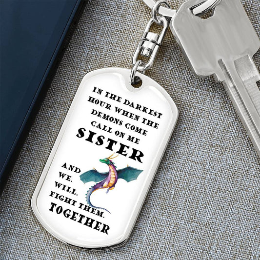 DnD Sister - Dragon - Dog Tag Keychain - Gift for Friend Birthday or Holiday