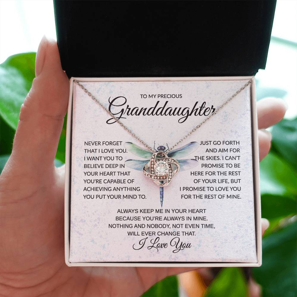 To My Granddaughter  - Never Forget - Dragonfly - Love Knot Necklace - Gift for Birthday, Christmas, or Special Occasion