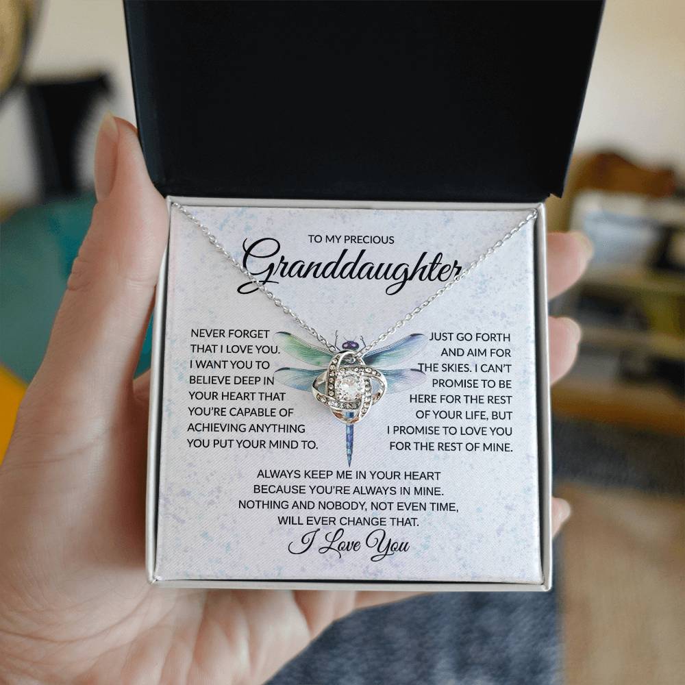 To My Granddaughter  - Never Forget - Dragonfly - Love Knot Necklace - Gift for Birthday, Christmas, or Special Occasion