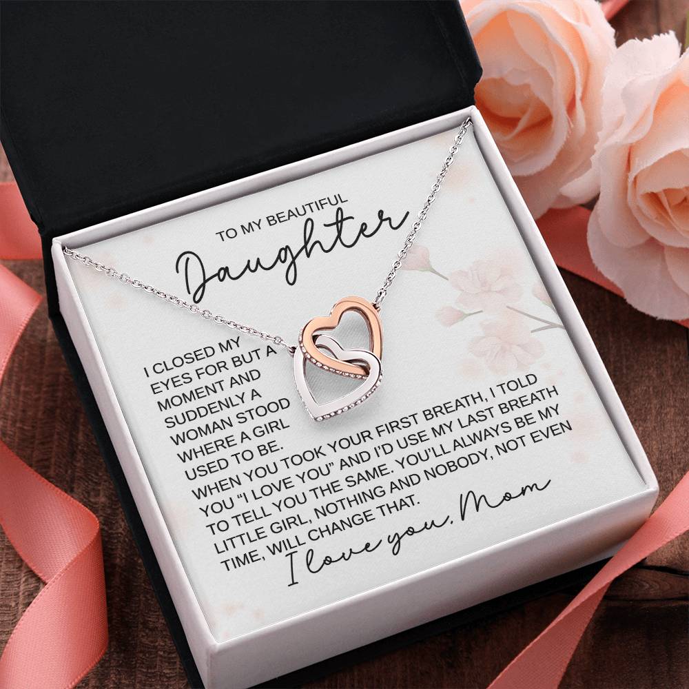 To My Beautiful Daughter - You'll Always Be My Little Girl, Love, Mom  - Interlocking Hearts Necklace - Gift for Birthday, Christmas, or Special Occasion