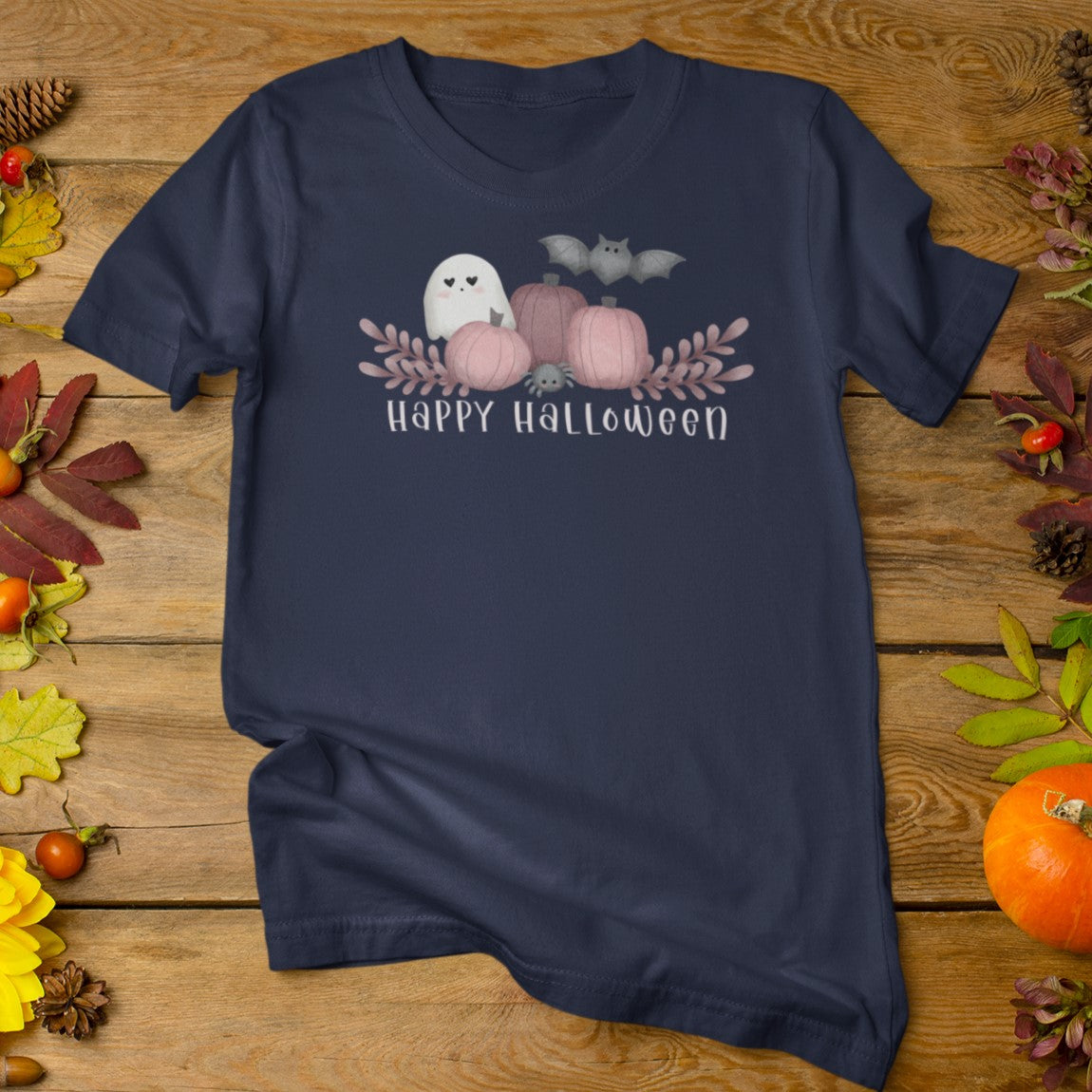 Cute Ghost, Pink Pumpkin, and Bat - Unisex Crew Neck T-shirt