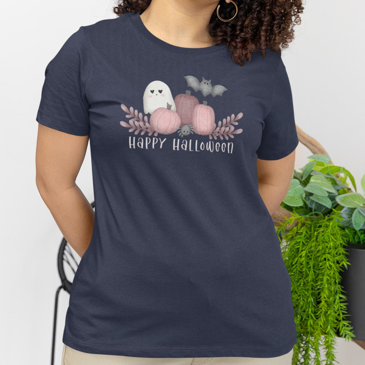 Cute Ghost, Pink Pumpkin, and Bat - Unisex Crew Neck T-shirt